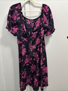 SHEIN Black Midi Dress with Hot Pink Floral Print